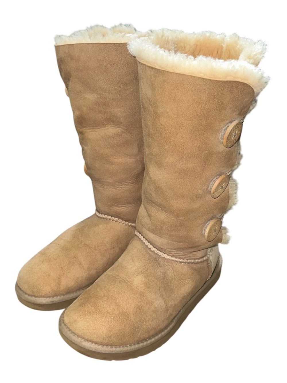 UGG Bailey Button Triplet Boots Three Signature Wooden Logo Buttons Natural Sz 7 - Picture 2 of 9